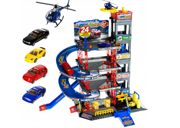 4 szintes játékgarázs lifttel és autómosóval – 4 autóval és helikopterrel, interaktív játék (WNDR11606) - Image 2