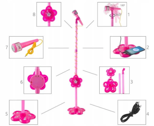 Rózsaszín mikrofon állvánnyal és MP3 lejátszóval – karaoke és éneklés gyerekeknek (WNDR8235) - Image 8