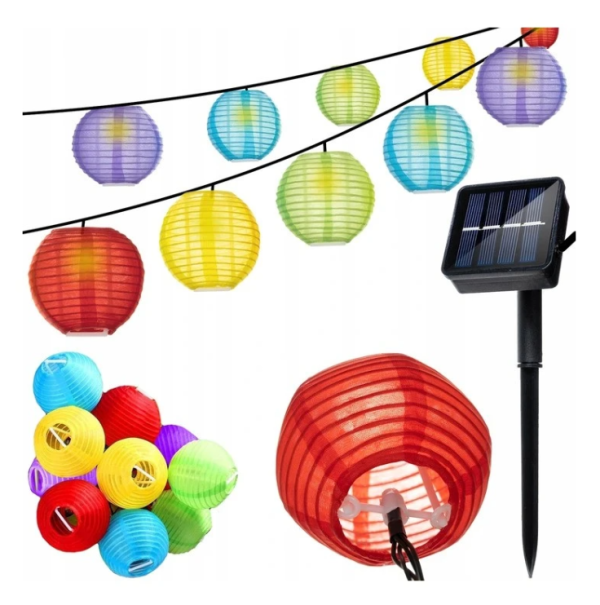 Napelemes színes lampionfüzér – 3 m kültéri dekoráció, 2 világítási mód, IP44 vízálló (WNDR15675)