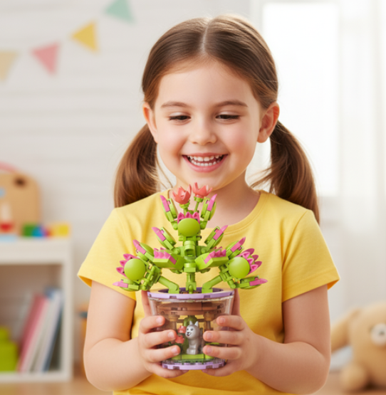 Kreatív 3D virág építőkocka készlet gyerekeknek – 172 darabos színes DIY játék, virágcsokor cserépben (WNDR26459) - Image 2
