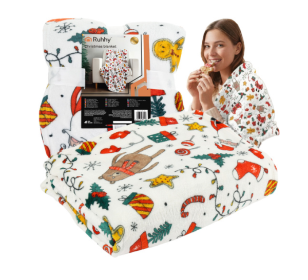 Ruhhy karácsonyi flanel ágytakaró – vidám ünnepi dekoráció mintás, puha meleg pléd 130×170 cm (WNDR26608) - Image 7