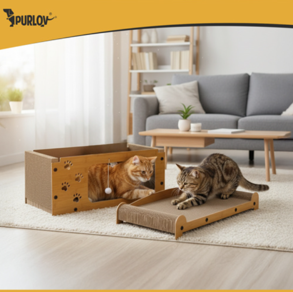 Purlov kétszintes macskakaparó ház – környezetbarát hullámkartonból, pihenő és játékhely cicáknak 29×55×29 cm (WNDR27016) - Image 2