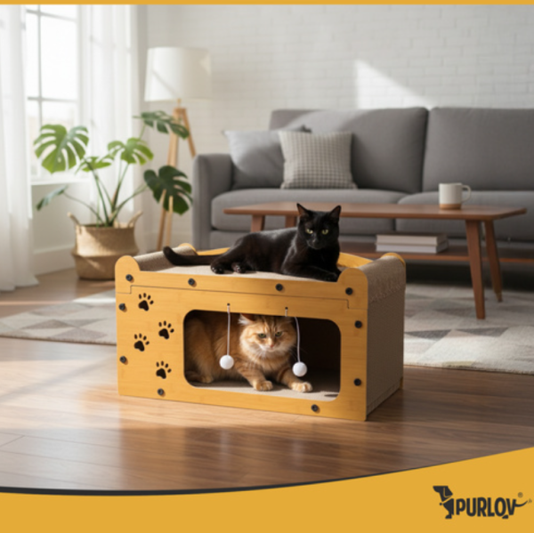 Purlov kétszintes macskakaparó ház – környezetbarát hullámkartonból, pihenő és játékhely cicáknak 29×55×29 cm (WNDR27016) - Image 8