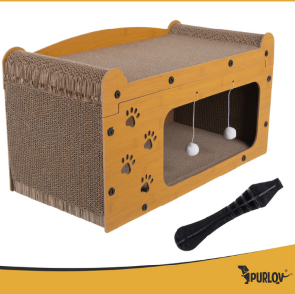 Purlov kétszintes macskakaparó ház – környezetbarát hullámkartonból, pihenő és játékhely cicáknak 29×55×29 cm (WNDR27016) - Image 9