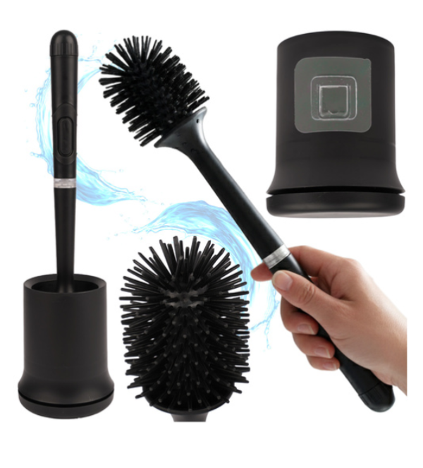 Ruhhy szilikon toalettkefe tartállyal – vízlepergető, antibakteriális, könnyen tisztítható fekete kefe (WNDR25882)