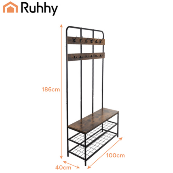 Ruhhy álló előszobai polc akasztóval – 182 cm magas multifunkciós ruhafogas ülőpaddal és dupla cipőtartó polccal (WNDR27036) - Image 3
