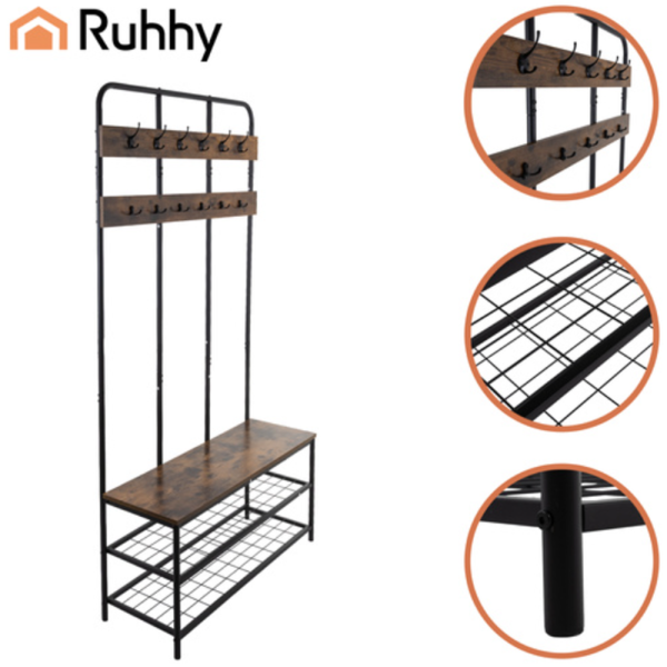 Ruhhy álló előszobai polc akasztóval – 182 cm magas multifunkciós ruhafogas ülőpaddal és dupla cipőtartó polccal (WNDR27036) - Image 4