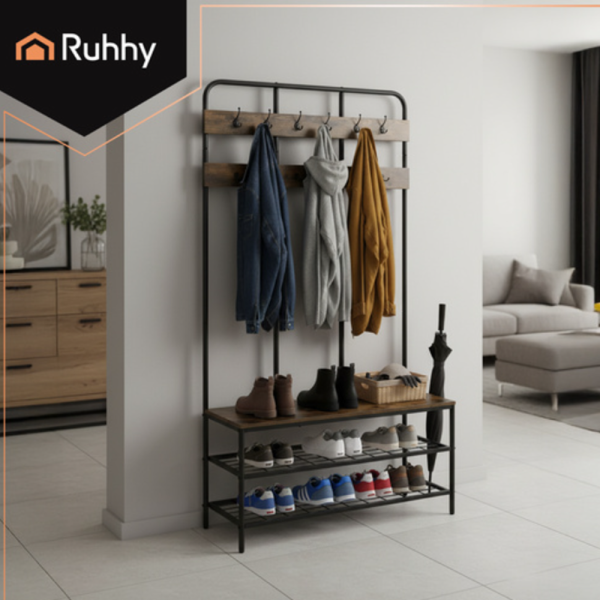 Ruhhy álló előszobai polc akasztóval – 182 cm magas multifunkciós ruhafogas ülőpaddal és dupla cipőtartó polccal (WNDR27036) - Image 2