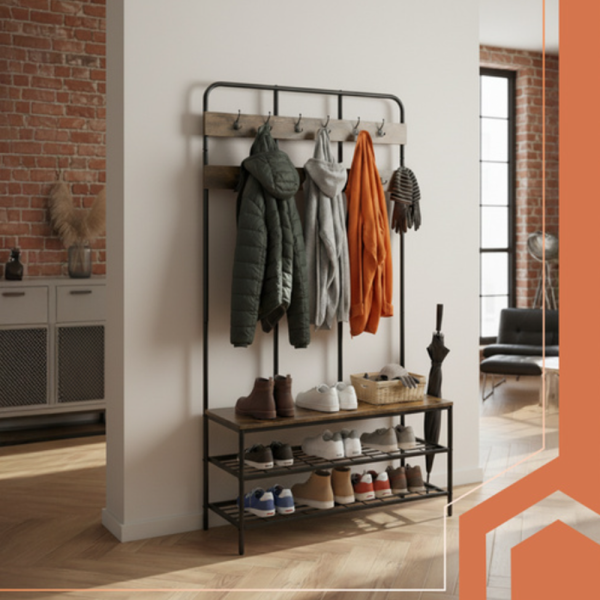 Ruhhy álló előszobai polc akasztóval – 182 cm magas multifunkciós ruhafogas ülőpaddal és dupla cipőtartó polccal (WNDR27036) - Image 5