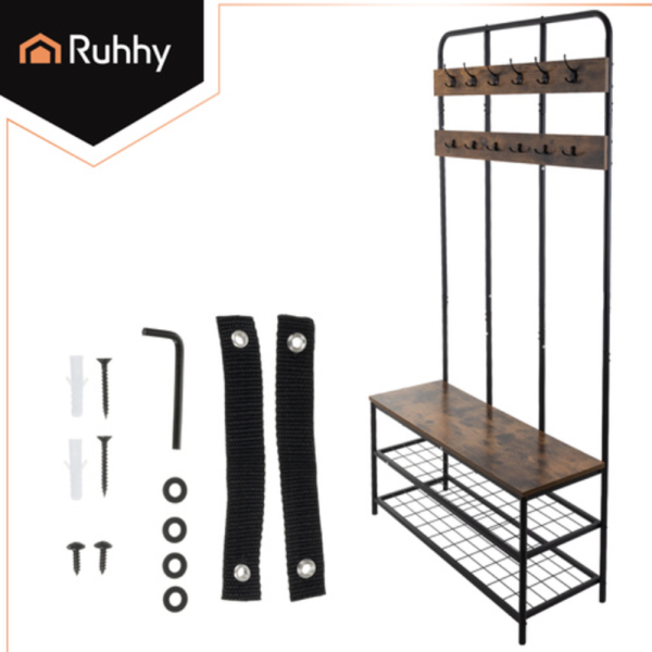 Ruhhy álló előszobai polc akasztóval – 182 cm magas multifunkciós ruhafogas ülőpaddal és dupla cipőtartó polccal (WNDR27036) - Image 7