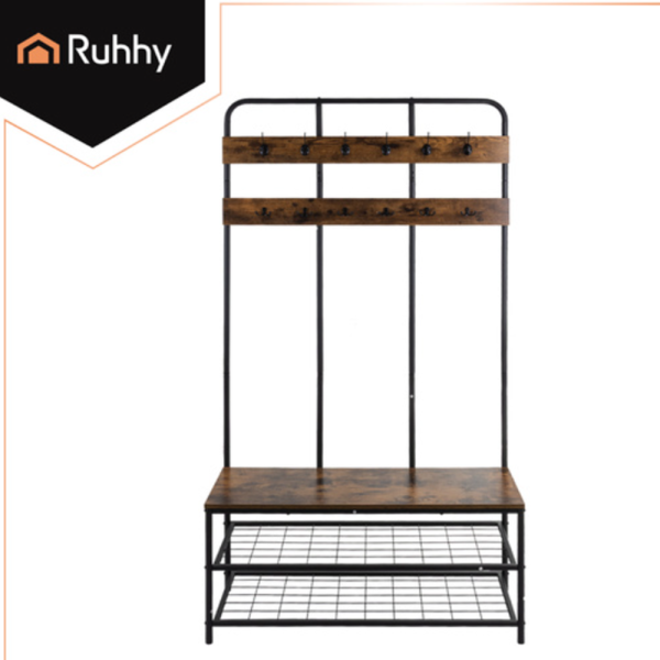 Ruhhy álló előszobai polc akasztóval – 182 cm magas multifunkciós ruhafogas ülőpaddal és dupla cipőtartó polccal (WNDR27036) - Image 8