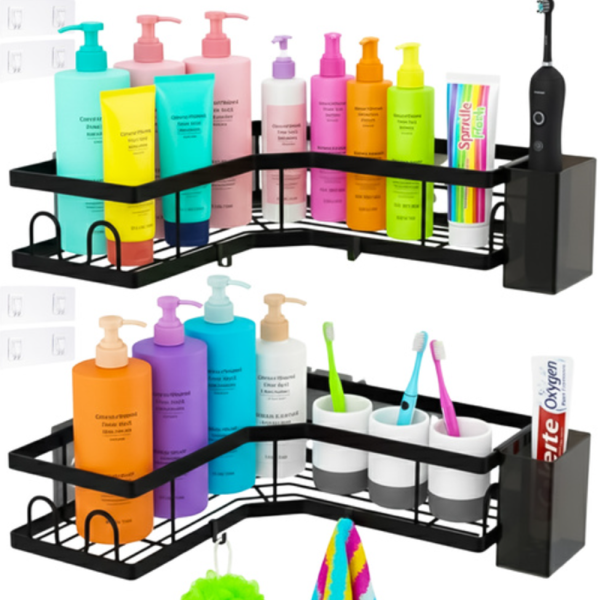 Ruhhy fúrás nélküli sarokpolc – 2 részes rozsdamentes fürdőszobai tároló erős, öntapadós rögzítéssel -fekete (WNDR27092) - Image 12