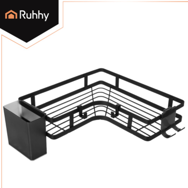 Ruhhy fúrás nélküli sarokpolc – 2 részes rozsdamentes fürdőszobai tároló erős, öntapadós rögzítéssel -fekete (WNDR27092) - Image 5