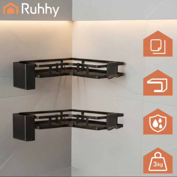 Ruhhy fúrás nélküli sarokpolc – 2 részes rozsdamentes fürdőszobai tároló erős, öntapadós rögzítéssel -fekete (WNDR27092) - Image 6