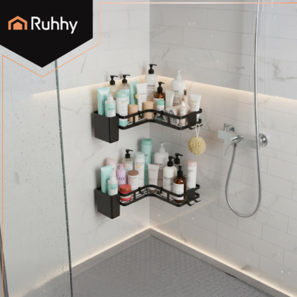 Ruhhy fúrás nélküli sarokpolc – 2 részes rozsdamentes fürdőszobai tároló erős, öntapadós rögzítéssel -fekete (WNDR27092) - Image 2