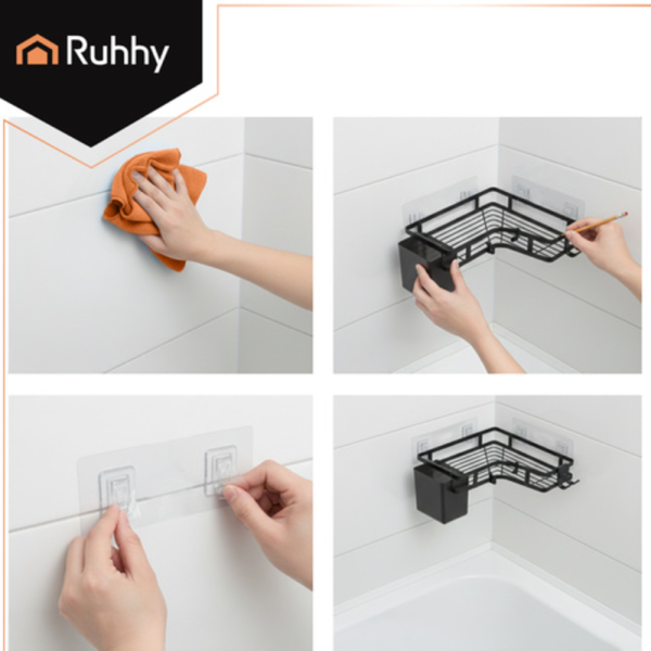 Ruhhy fúrás nélküli sarokpolc – 2 részes rozsdamentes fürdőszobai tároló erős, öntapadós rögzítéssel -fekete (WNDR27092) - Image 7