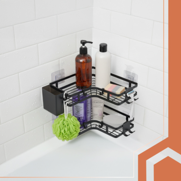 Ruhhy fúrás nélküli sarokpolc – 2 részes rozsdamentes fürdőszobai tároló erős, öntapadós rögzítéssel -fekete (WNDR27092) - Image 8