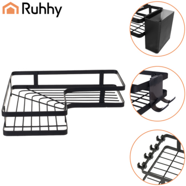 Ruhhy fúrás nélküli sarokpolc – 2 részes rozsdamentes fürdőszobai tároló erős, öntapadós rögzítéssel -fekete (WNDR27092) - Image 9