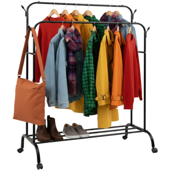 Ruhhy kerekes ruhatartó állvány dupla akasztórúddal és cipőtartó polccal – mobil ruhatároló nagy teherbírással – 150cm (WNDR27084) - Image 10