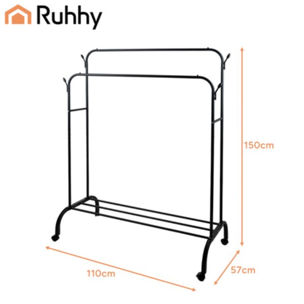 Ruhhy kerekes ruhatartó állvány dupla akasztórúddal és cipőtartó polccal – mobil ruhatároló nagy teherbírással – 150cm (WNDR27084) - Image 3
