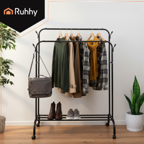 Ruhhy kerekes ruhatartó állvány dupla akasztórúddal és cipőtartó polccal – mobil ruhatároló nagy teherbírással – 150cm (WNDR27084) - Image 2