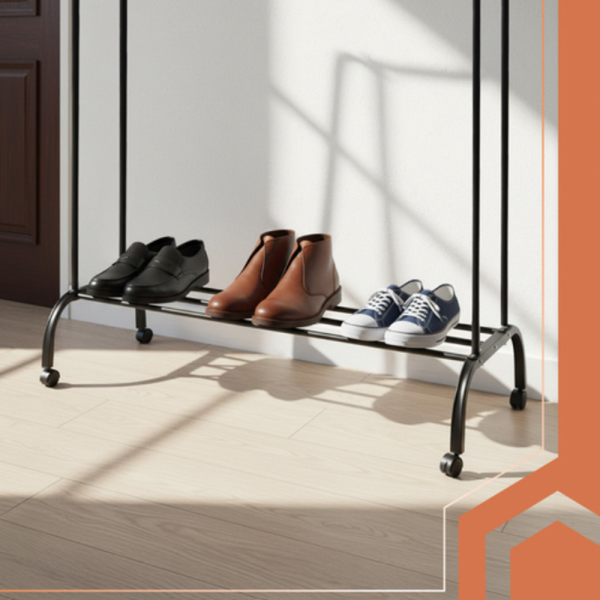 Ruhhy kerekes ruhatartó állvány dupla akasztórúddal és cipőtartó polccal – mobil ruhatároló nagy teherbírással – 150cm (WNDR27084) - Image 9