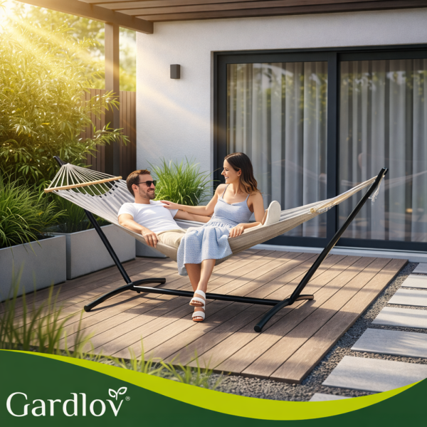 Gardlov kerti függőágy állvánnyal 200×150 cm – kényelmes kültéri függőágy kertbe és teraszra (WNDR27293) - Image 2